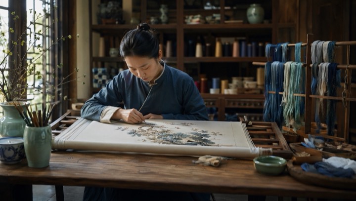 A quiet Sichuan embroidery workshop with silk fabric and thread spools